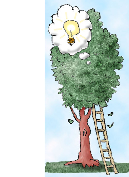 Cartoon of a ladder resting against a tree with a light bulb on its leaves.