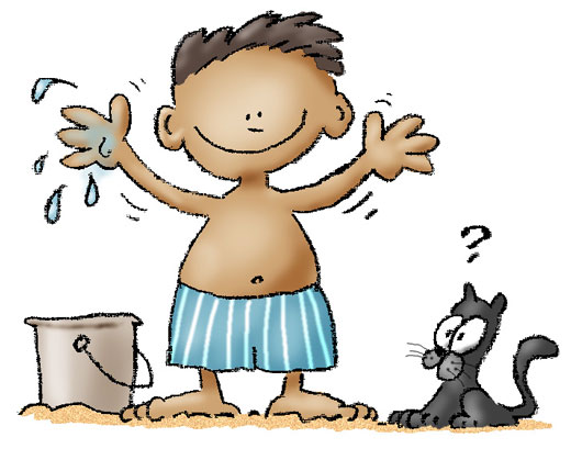 Cartoon of a boy wearing a bathing suit standing next to a bucket and a cat.