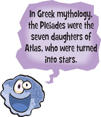 Cartoon of a rock saying 'In Greek mythology, the Pleiades were the seven daughters of Atlas, who were turned into stars'.