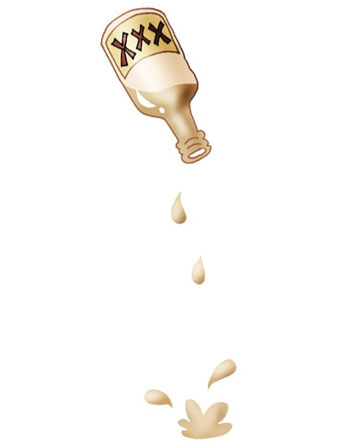 Cartoon of a bottle of liquor pouring out its last drops.