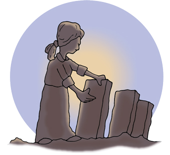 A person placing stone blocks in a row.