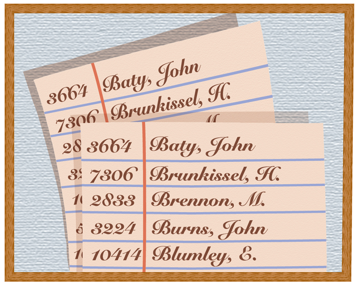List of names with numbers on index cards.