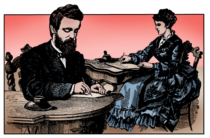 A man and a woman writing at separate tables.