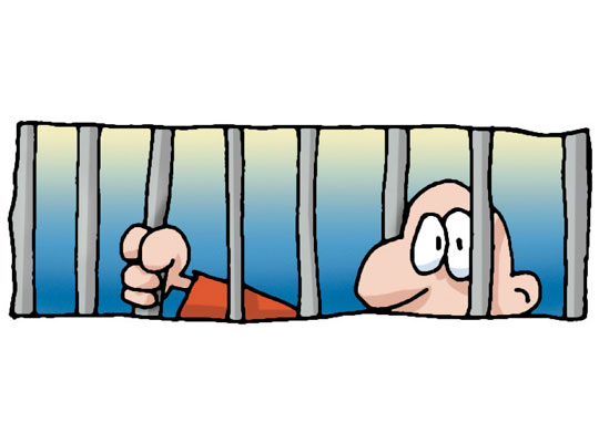 Cartoon of a person in prison looking out from behind the bars of a prison cell.