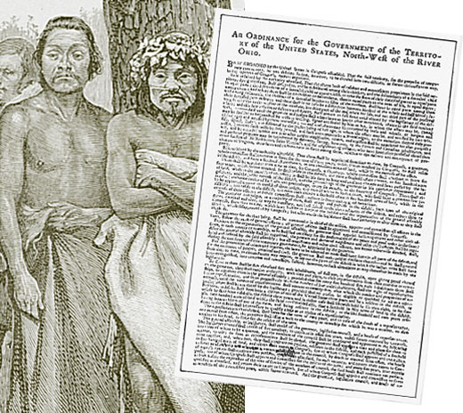 Two native American men standing by a tree and a copy of the Northwest Ordinance.