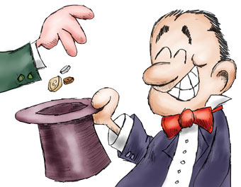 Cartoon of a man holding out a top hat. Another person is dropping gold coins into the hat.