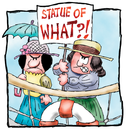 Cartoon of two women suffragists standing at the railing of a boat and protesting the Statue of Liberty.