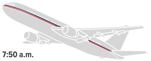 An airplane, with a time stamp of 7:50 a.m.