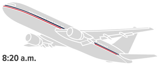 An airplane, with a time stamp of 8:20 a.m.