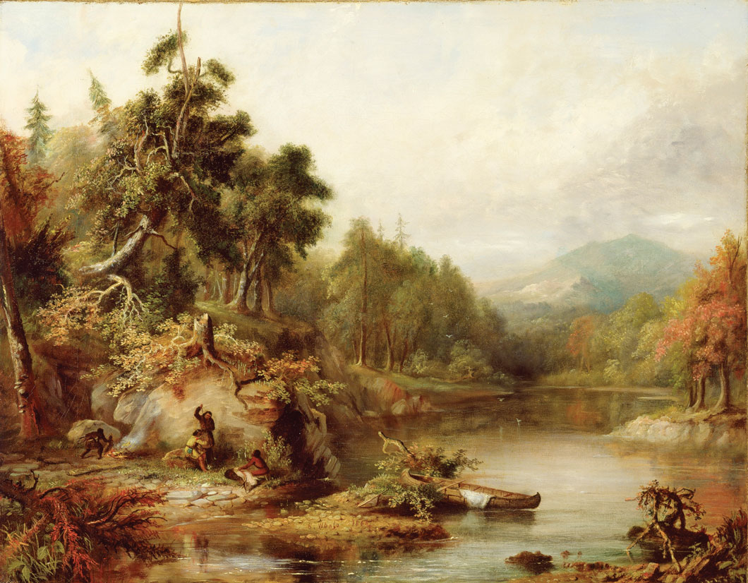 Painting of a nature scene showing a forest and river.