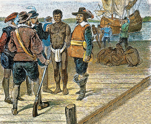 Africans are forced into Virginia from ships.