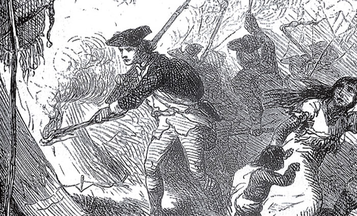 Artist's rendition of a Patriot militiaman setting fire to a Native American village.