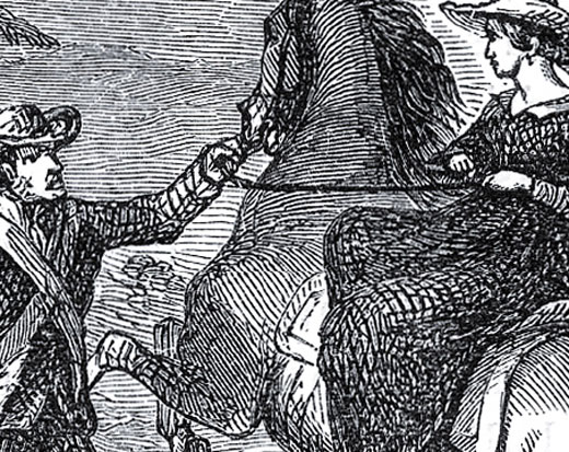 Artist's rendition of Emily Geiger sitting on a horse.