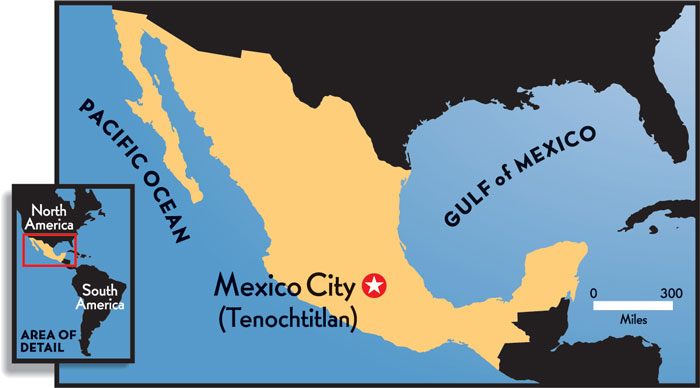 Map of Mexico showing the location of Tenochtitlan, now known as Mexico City, in the center of the country.