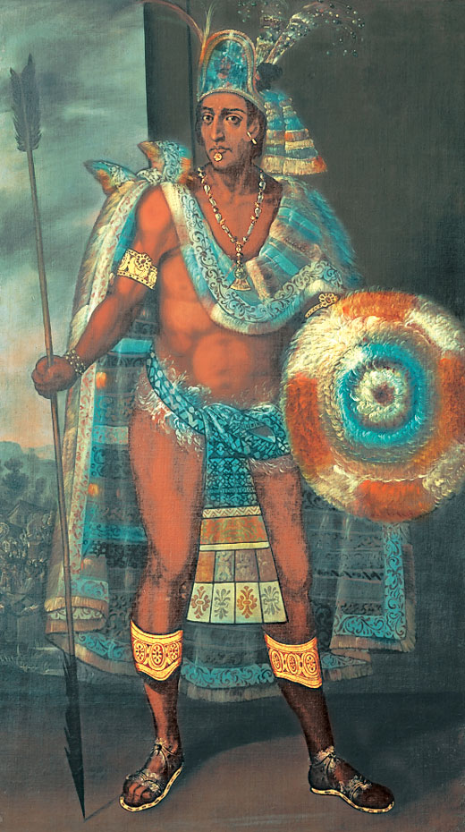 Aztec leader wearing a colorful headress and carrying a shield.