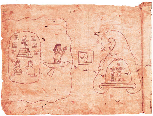 Early Aztec drawing showing a person in a boat leaving a city and heading towards a new land.