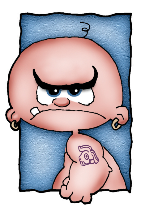 Cartoon of a baby with very large arm muscles.