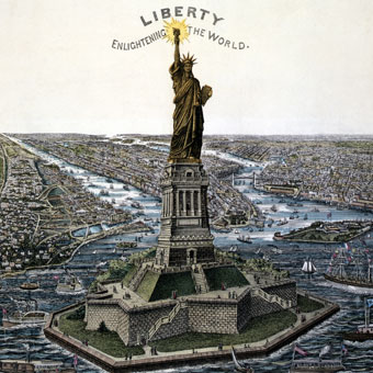 Nineteenth century artist's rendition of the Satue of Libery on Liberty Island.