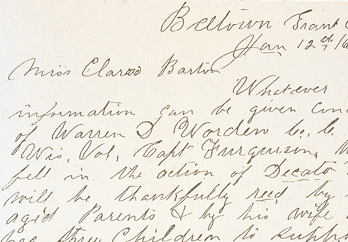 A handwritten letter to Clara Barton.