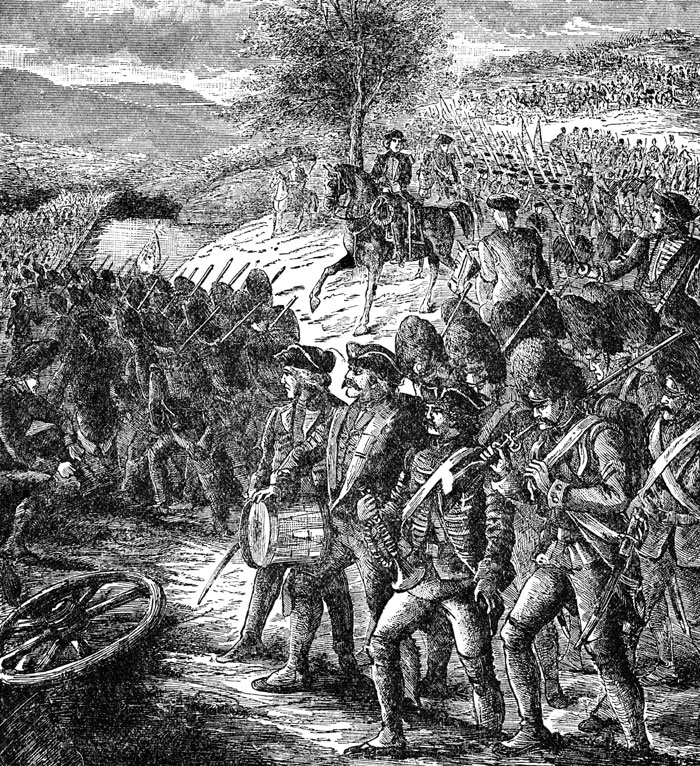 A painting of large numbers of British forces advancing on the colonists. 