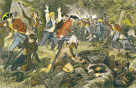 British colonists and Native Americans fighting the colonists during the Revolutionary War.