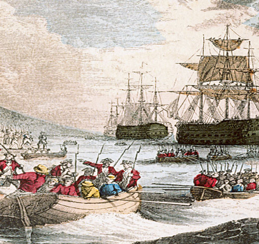 Artist's rendition of loyalists leaving via ship.