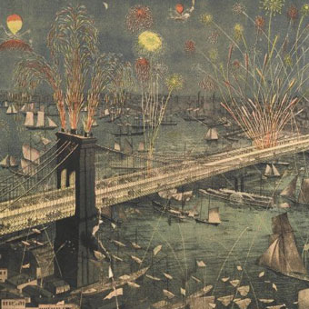 Fireworks explode over the completed bridge. Boats are seen sailing under it. 