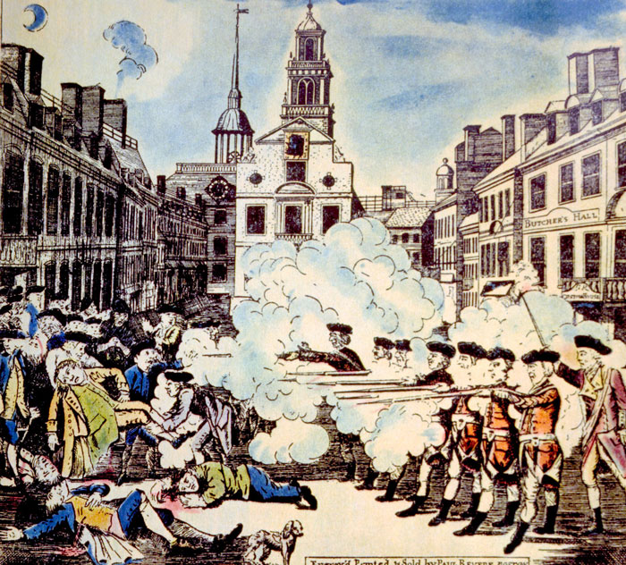 British soldiers open fire on colonists standing in the street.