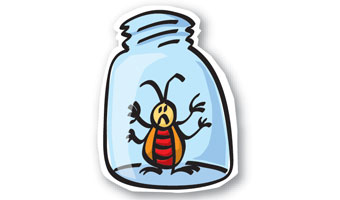 Cartoon of a bee in a glass jar. 