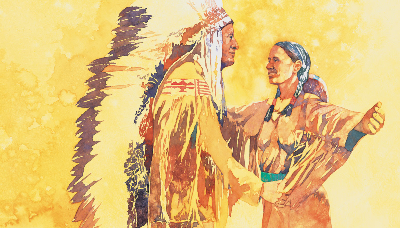 Native American chief is about to be hugged by a Native American woman.