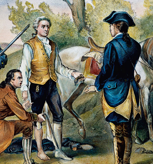 Artist's rendition of Major John AndrÃ© being arrested by a Continental soldier.