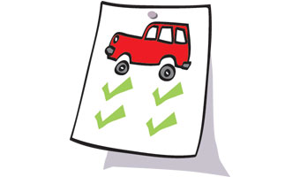 Cartoon of a car with checkmarks under it.