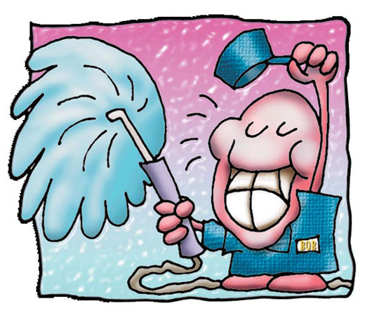 Cartoon of a man lifting his hat as he holds a hose.