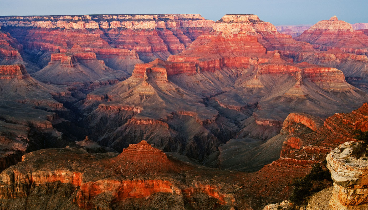 Aerial view of the Grand Canyon showing the different buttes and mesas.