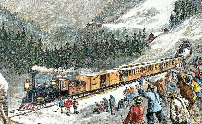 Illustration or painting shows a train rolling by as railroad workers wave.