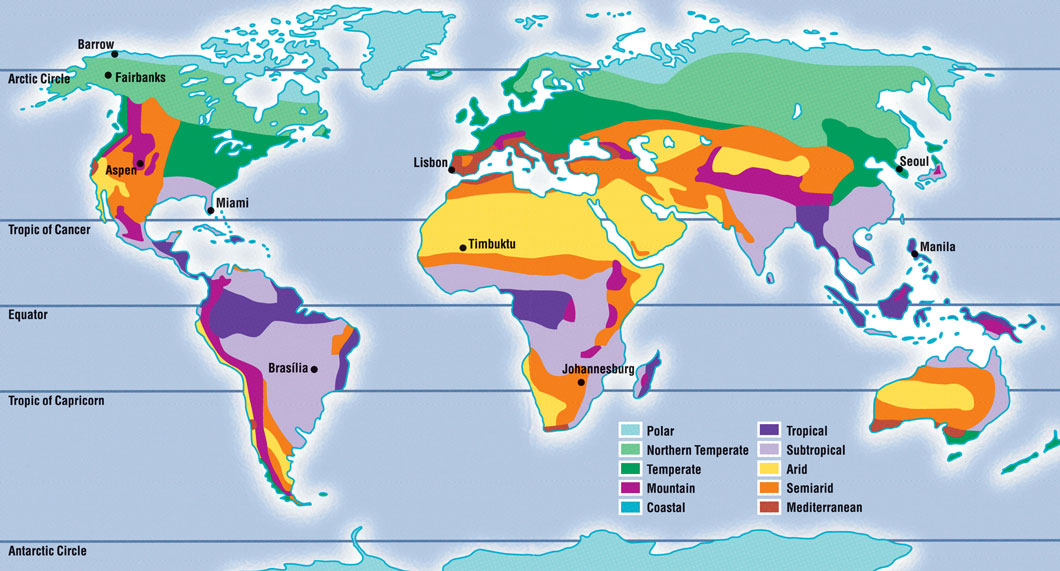 Map of the world showing the locations of the various climates.