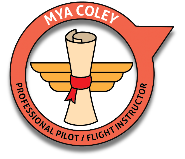 An illustrated badge with a diploma and wings naming Mya Coley, a professional pilot and flight instructor.