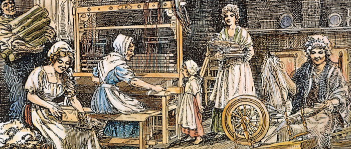 Artist's rendition of women weaving fabric.