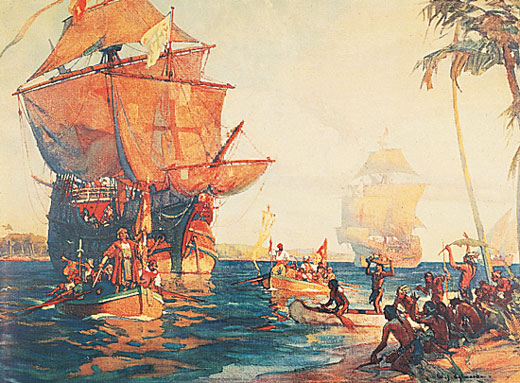 European ship approaching the shore with Native Americans watching from land.