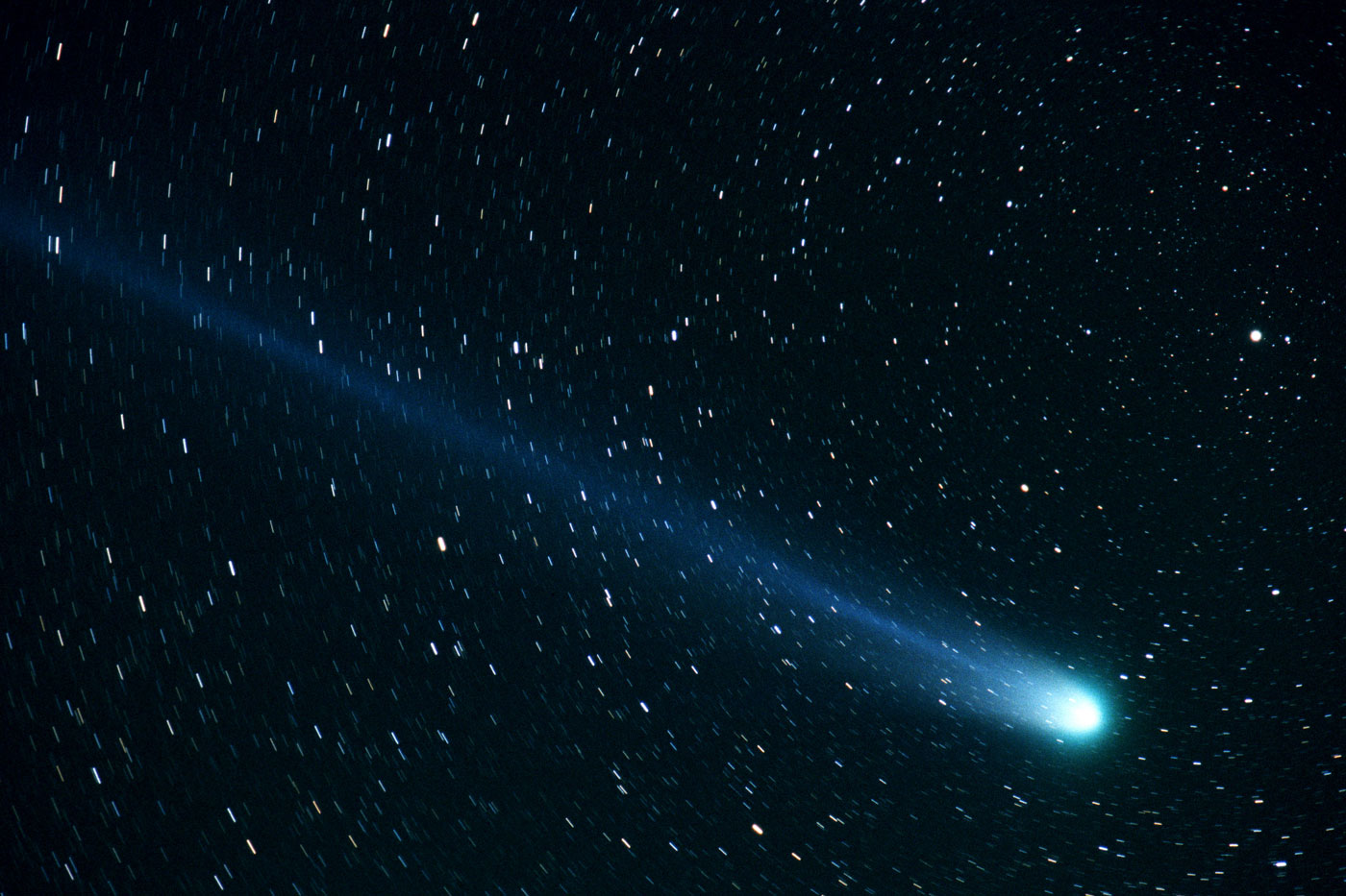 Photo of a comet shooting across a starry sky.