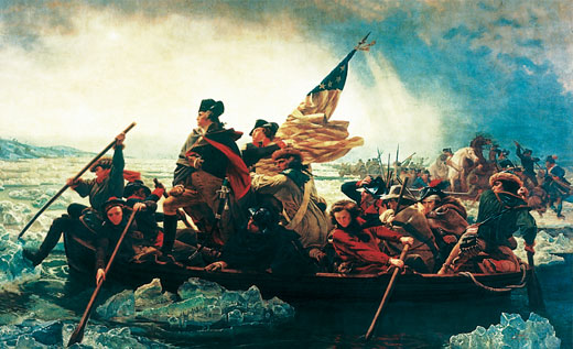 Painting of Washington and his troops crossing the Delaware River in small boats.