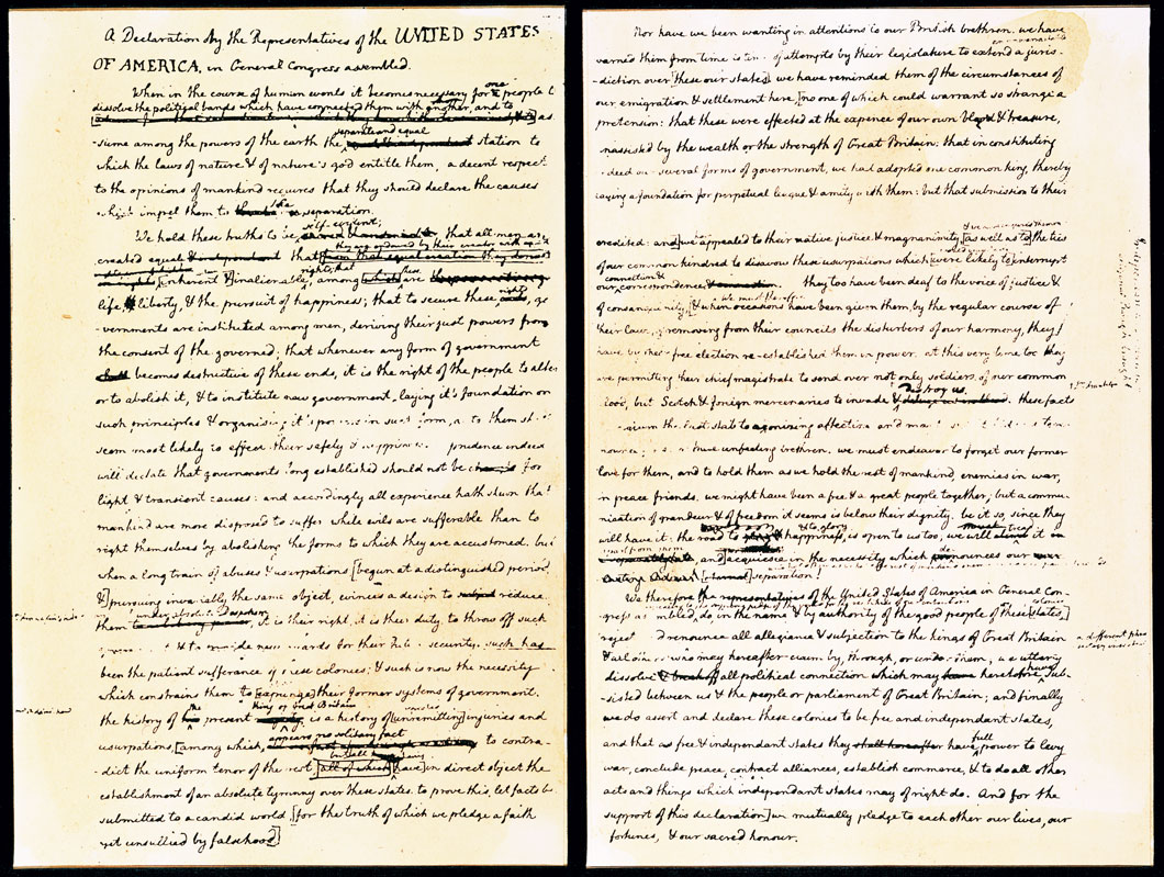 The first and fourth pages of the Declaration of Independence.