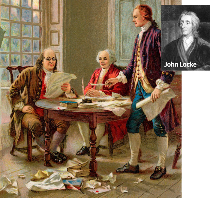 Ben Franklin and other members of the Congress review the Declaration of Independece.