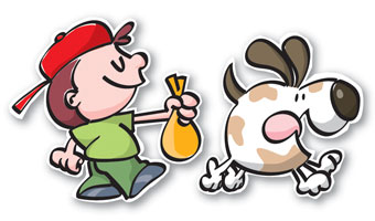 Cartoon of a little boy carrying a bag while following a dog.