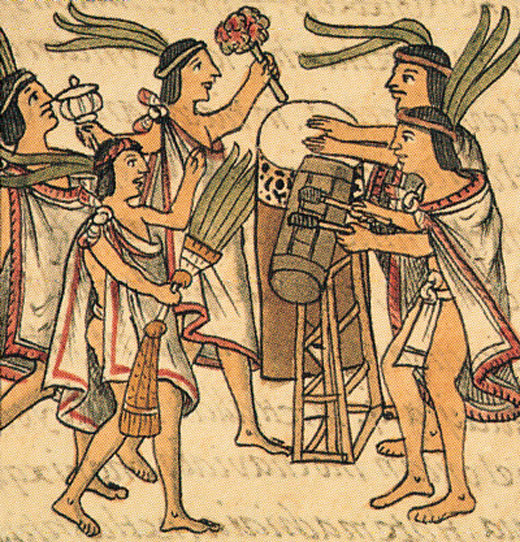 Illustration of several Aztecs with drums dancing around as they play them.