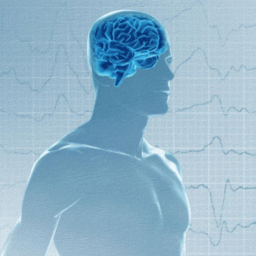 Animation of a person spinning around with their brain glowing and electricity coming out of it.