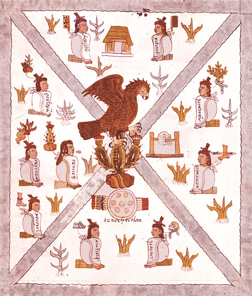 Tapestry showing an eagle sitting on a prickly pear cactus with representations of Aztec people drawn around it.