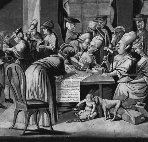 Political cartoon showing a group of women signing a petition.