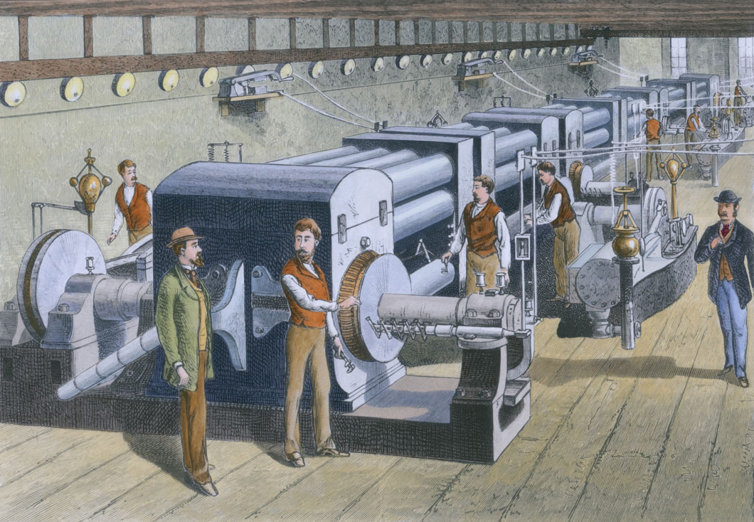 Illustration of men working at an electric power station. 