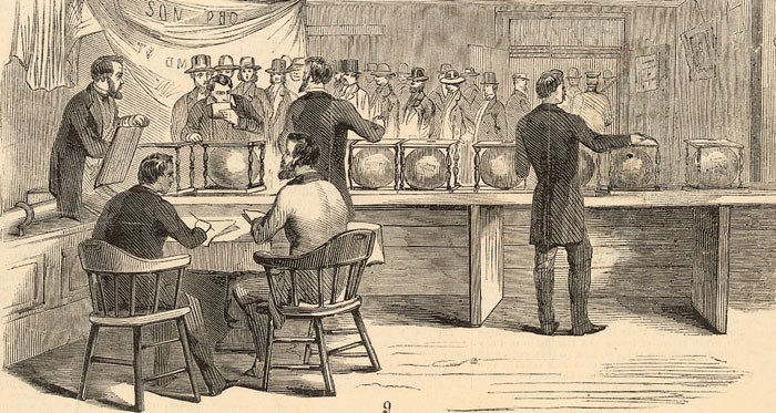 Artist's rendition of voting place during the early years of the American republic.